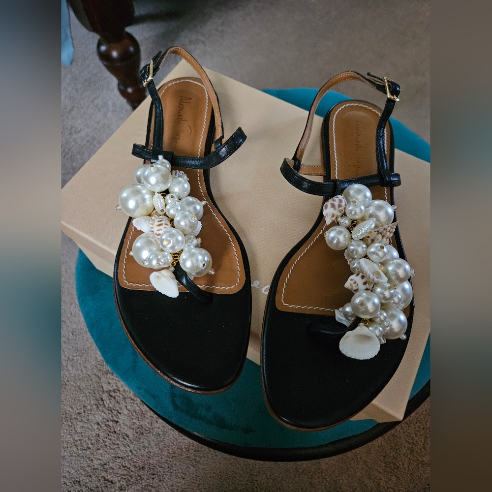 Alameda Turquesa Embellished Pearls Shells Leather Sandal Black Size 41
